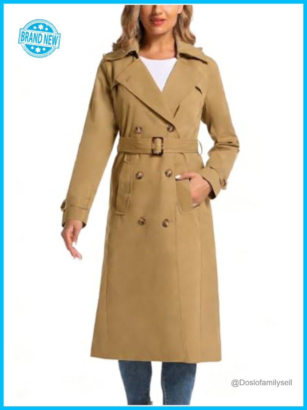 Women's Waterproof Long Trench Coat Double Breasted Belted